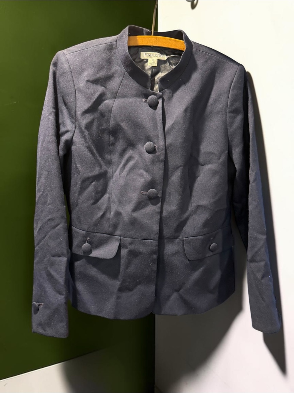 Pendleton Petite Navy Wool Blazer Jacket Size 12 Mandarin Collar Button Front